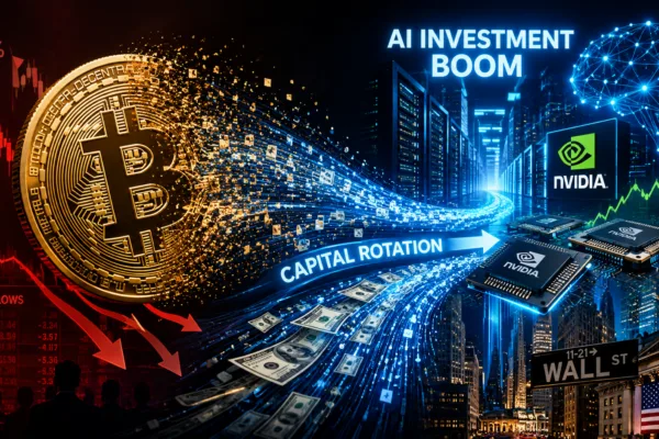 Bitcoin and AI investment concept showing capital rotating from cryptocurrency markets into artificial intelligence stocks as Bitcoin prices approach 52-week lows.