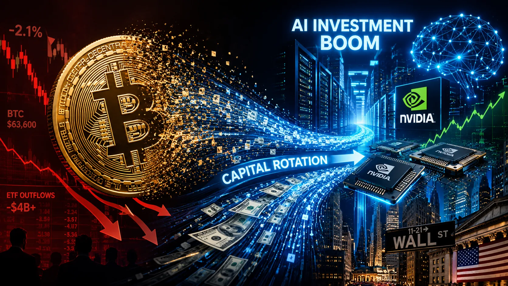 Bitcoin and AI investment concept showing capital rotating from cryptocurrency markets into artificial intelligence stocks as Bitcoin prices approach 52-week lows.