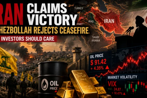 Iran claims victory as Hezbollah rejects ceasefire, with oil prices, gold, and stock market volatility highlighting the potential impact of Middle East tensions on investors.