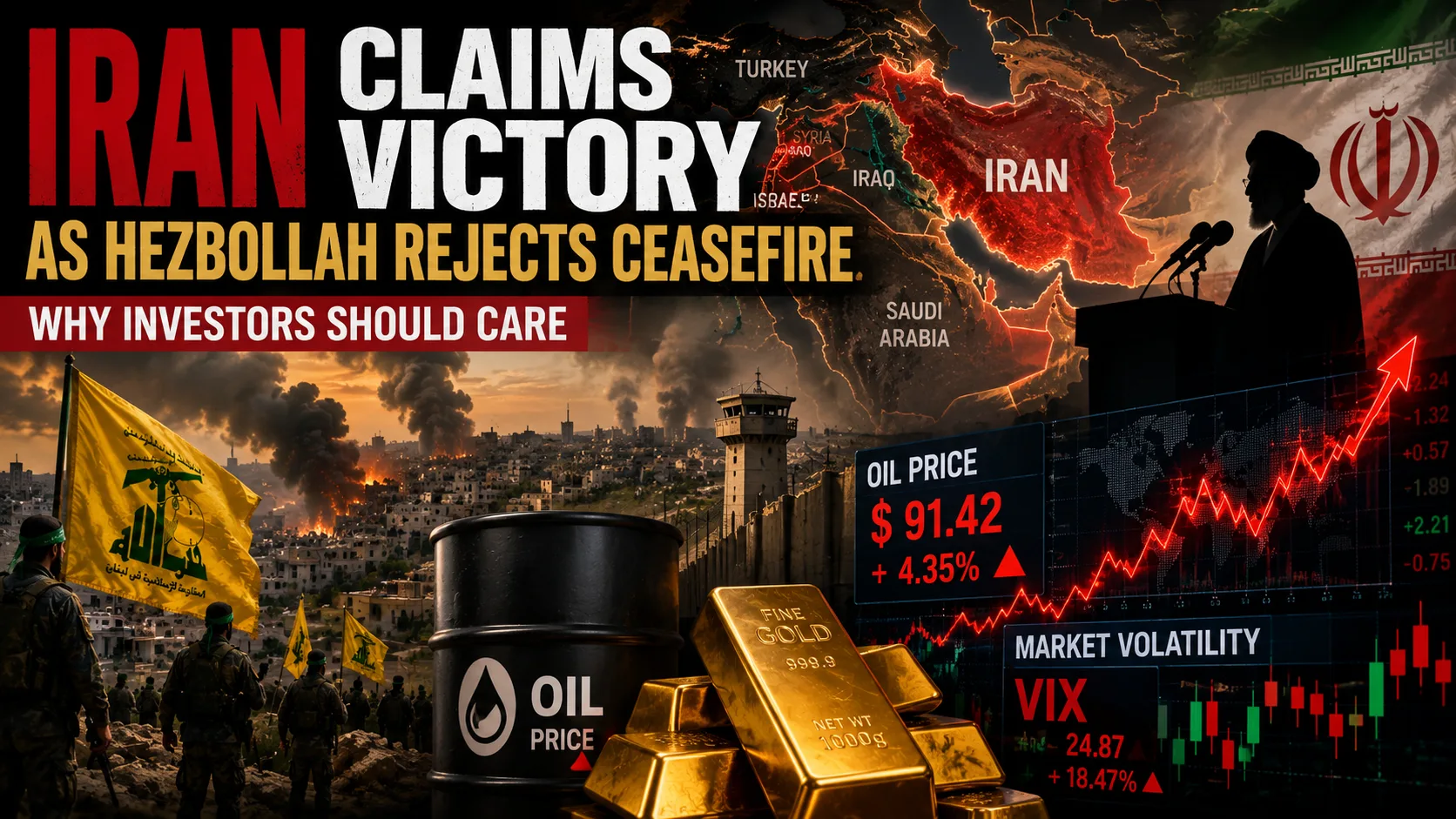 Iran claims victory as Hezbollah rejects ceasefire, with oil prices, gold, and stock market volatility highlighting the potential impact of Middle East tensions on investors.