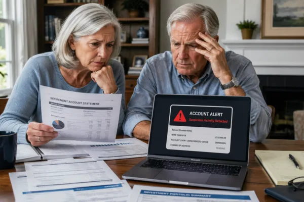 Retired couple reviewing financial statements and suspicious account activity after falling victim to an online scam targeting retirement savings.