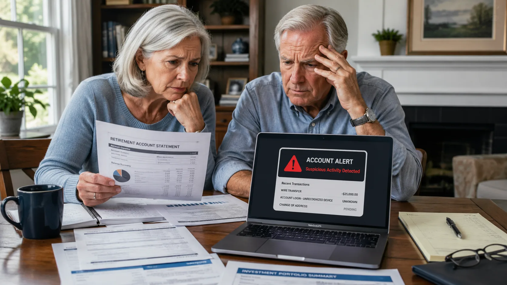 Retired couple reviewing financial statements and suspicious account activity after falling victim to an online scam targeting retirement savings.