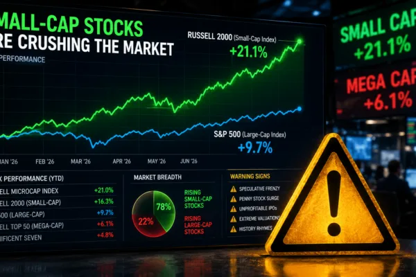 Stock market dashboard showing small-cap stocks significantly outperforming large-cap companies while a caution warning symbol highlights potential market risks and speculative investor behavior.