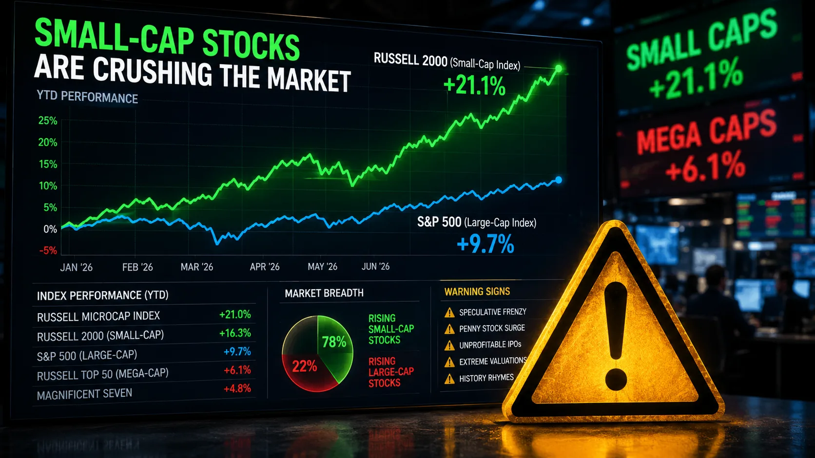Stock market dashboard showing small-cap stocks significantly outperforming large-cap companies while a caution warning symbol highlights potential market risks and speculative investor behavior.