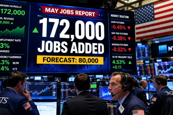 Wall Street trading floor reacting to a stronger-than-expected U.S. jobs report showing 172,000 payroll gains in May, raising questions about Federal Reserve interest rate cuts and stock market performance.