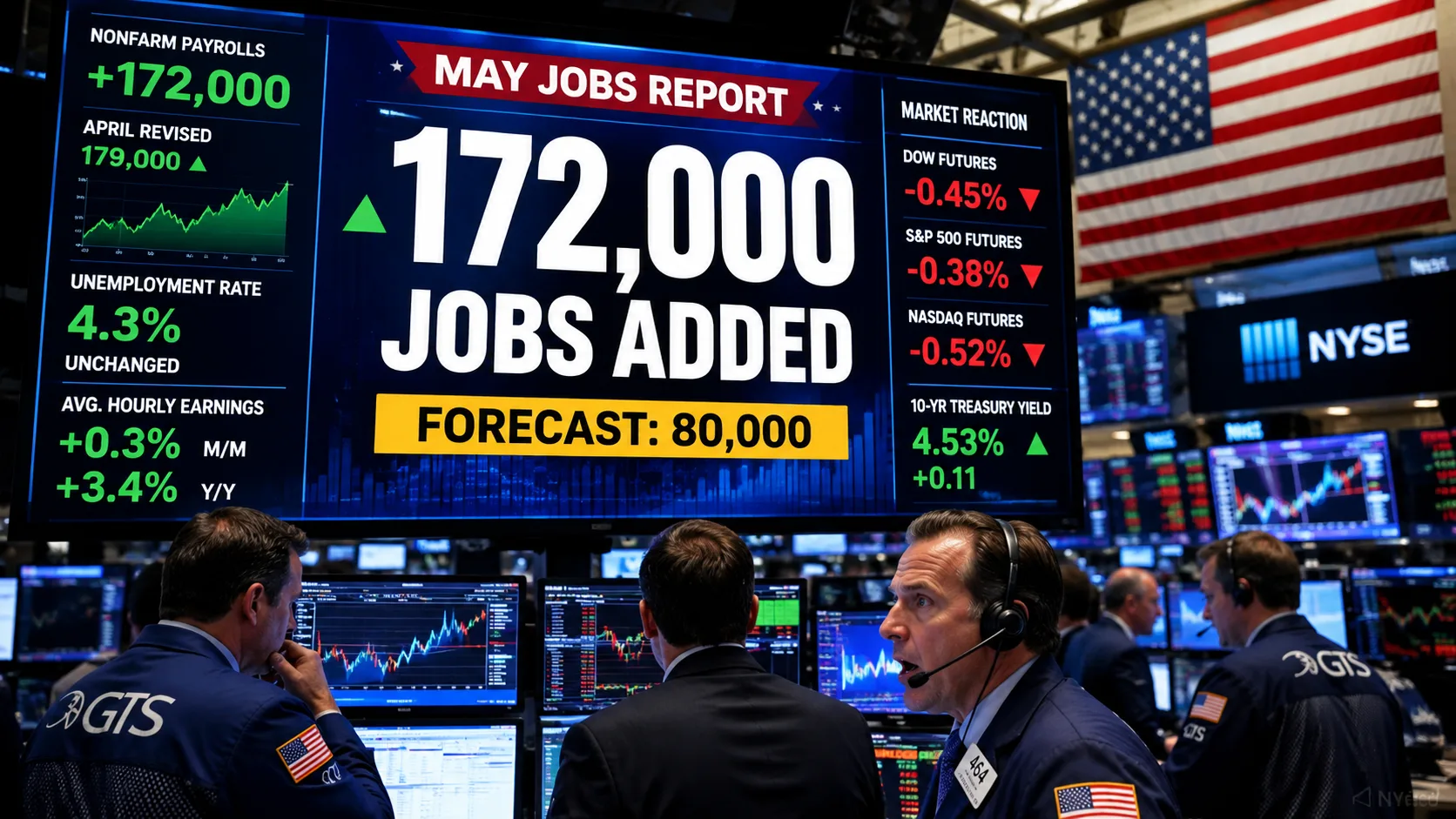 Wall Street trading floor reacting to a stronger-than-expected U.S. jobs report showing 172,000 payroll gains in May, raising questions about Federal Reserve interest rate cuts and stock market performance.
