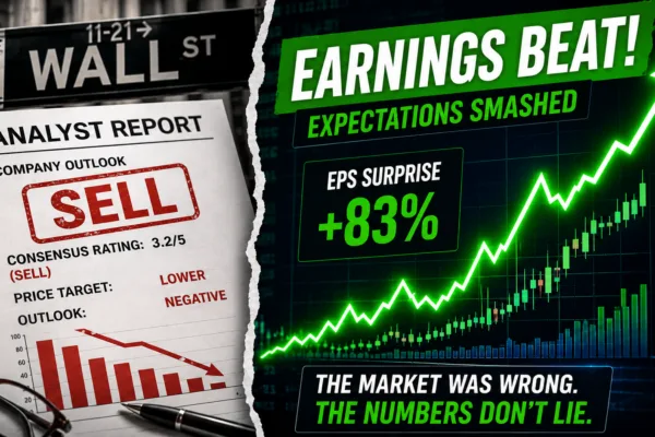 Wall Street analyst ratings displayed beside rising stock charts after companies reported earnings that exceeded expectations.