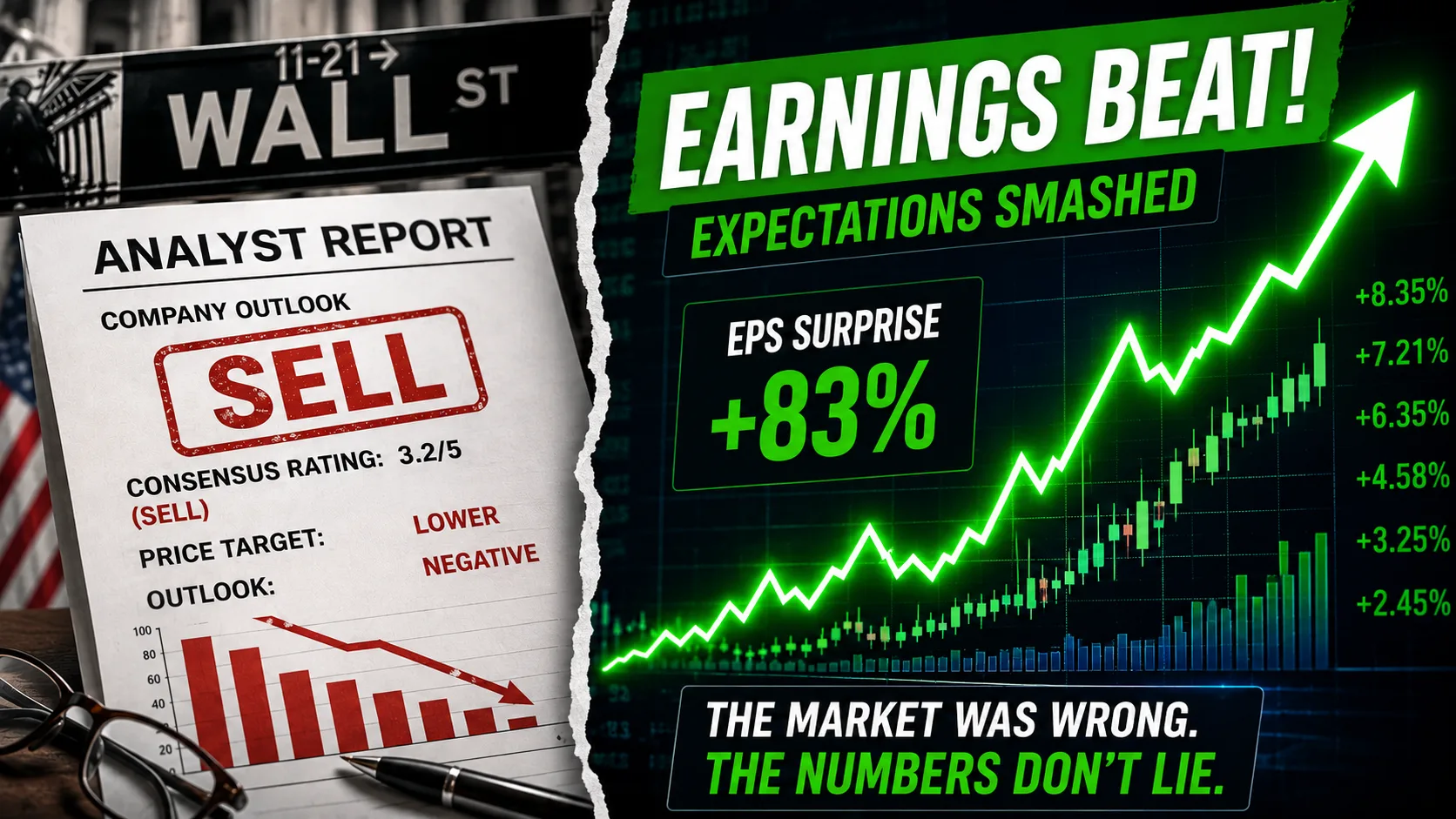 Wall Street analyst ratings displayed beside rising stock charts after companies reported earnings that exceeded expectations.