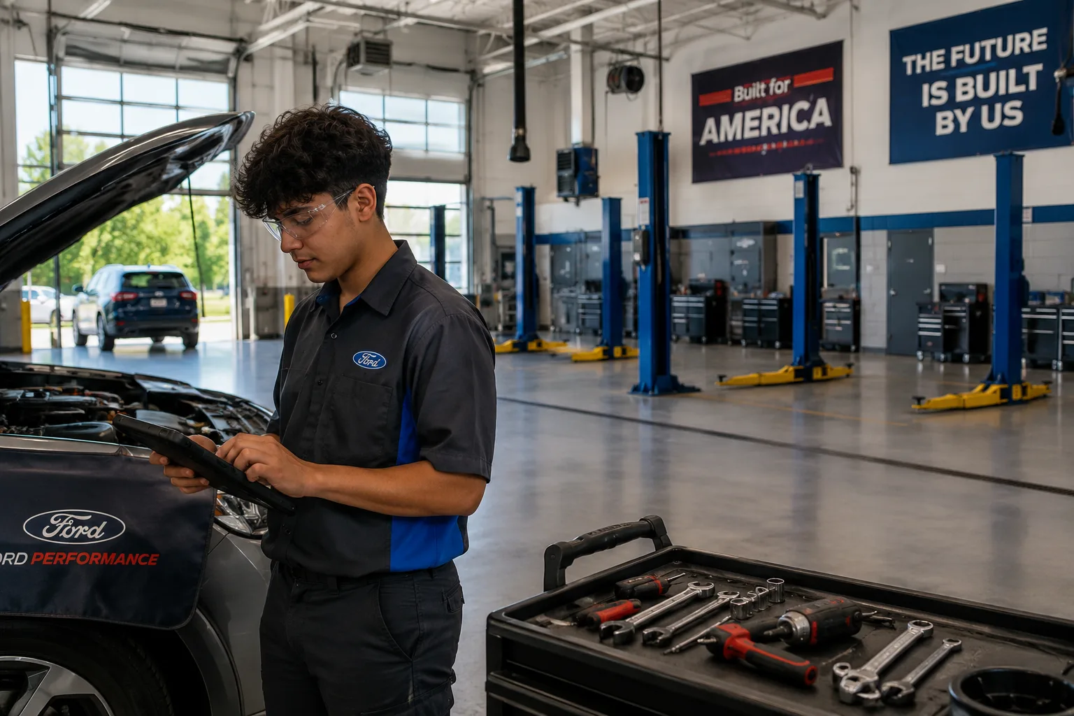Auto mechanic apprentice training in a dealership service bay amid a nationwide shortage of mechanics, electricians, and skilled trade workers.