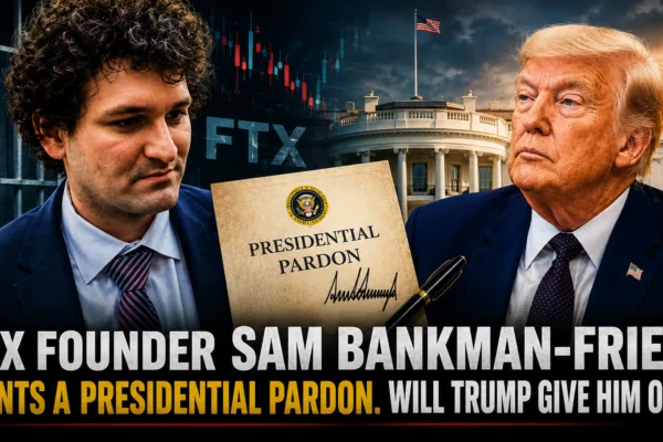 Sam Bankman-Fried seeks a presidential pardon as President Donald Trump appears beside a pardon document and the White House following the collapse of FTX and the former crypto executive's prison sentence.