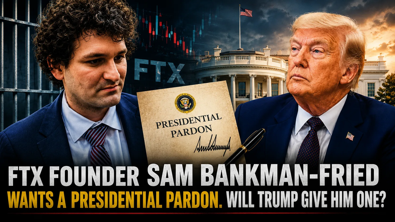 Sam Bankman-Fried seeks a presidential pardon as President Donald Trump appears beside a pardon document and the White House following the collapse of FTX and the former crypto executive's prison sentence.