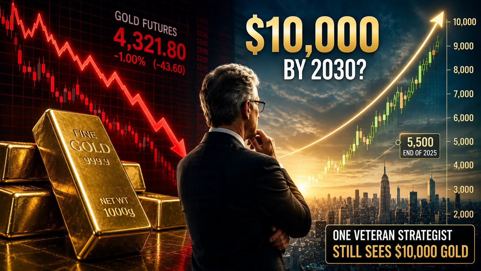 Gold prices fall sharply after their biggest weekly decline since March as analysts debate whether gold could drop to $4,000 before eventually reaching $10,000.