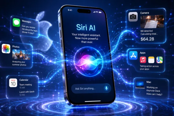Apple iPhone displaying the new AI-powered Siri assistant with advanced artificial intelligence features announced at WWDC 2026