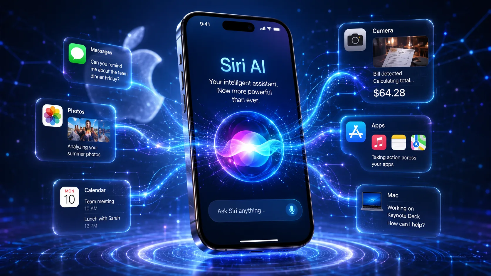 Apple iPhone displaying the new AI-powered Siri assistant with advanced artificial intelligence features announced at WWDC 2026
