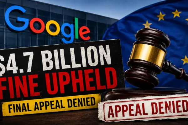 Google logo beside a judge's gavel and European Union flag representing the final $4.7 billion EU antitrust fine against Google after its appeal was denied.