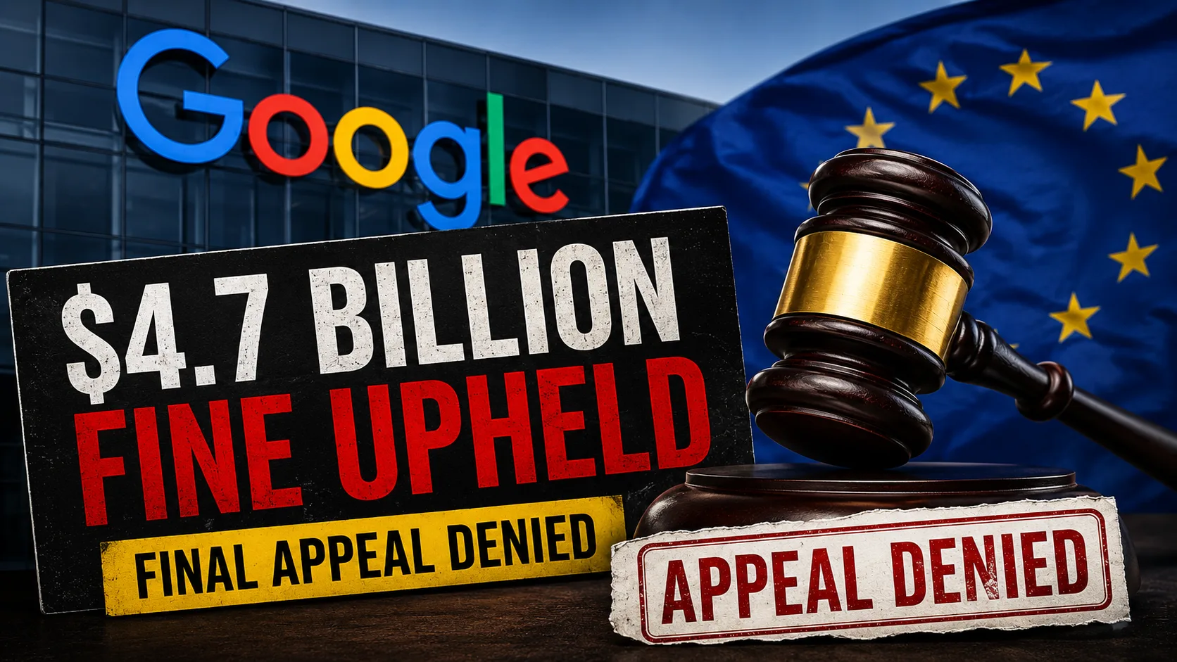 Google logo beside a judge's gavel and European Union flag representing the final $4.7 billion EU antitrust fine against Google after its appeal was denied.
