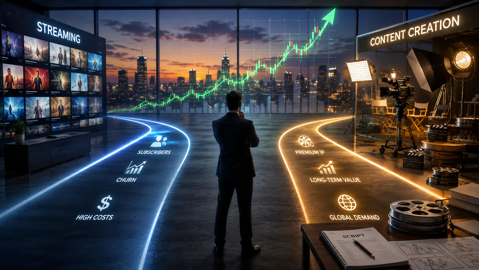 Business executive choosing between streaming and content creation as a rising stock chart illustrates Wall Street's bullish outlook on an entertainment company's intellectual property strategy.