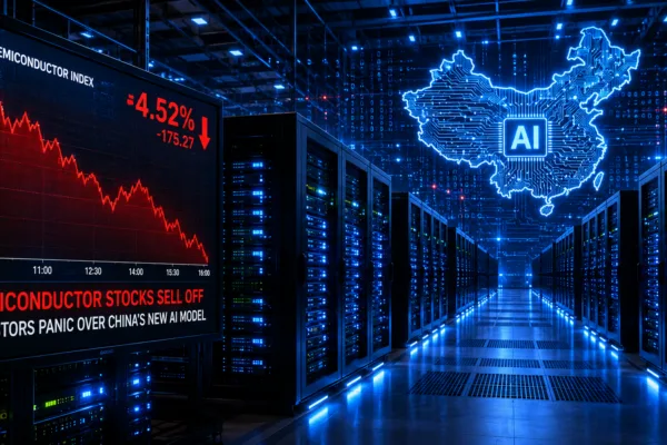 AI data center with high-performance GPU servers and a falling semiconductor stock chart illustrating China's Kimi K3 AI model and its impact on Nvidia, Micron, and AI chip stocks