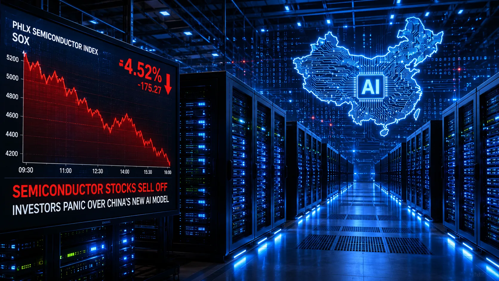 AI data center with high-performance GPU servers and a falling semiconductor stock chart illustrating China's Kimi K3 AI model and its impact on Nvidia, Micron, and AI chip stocks