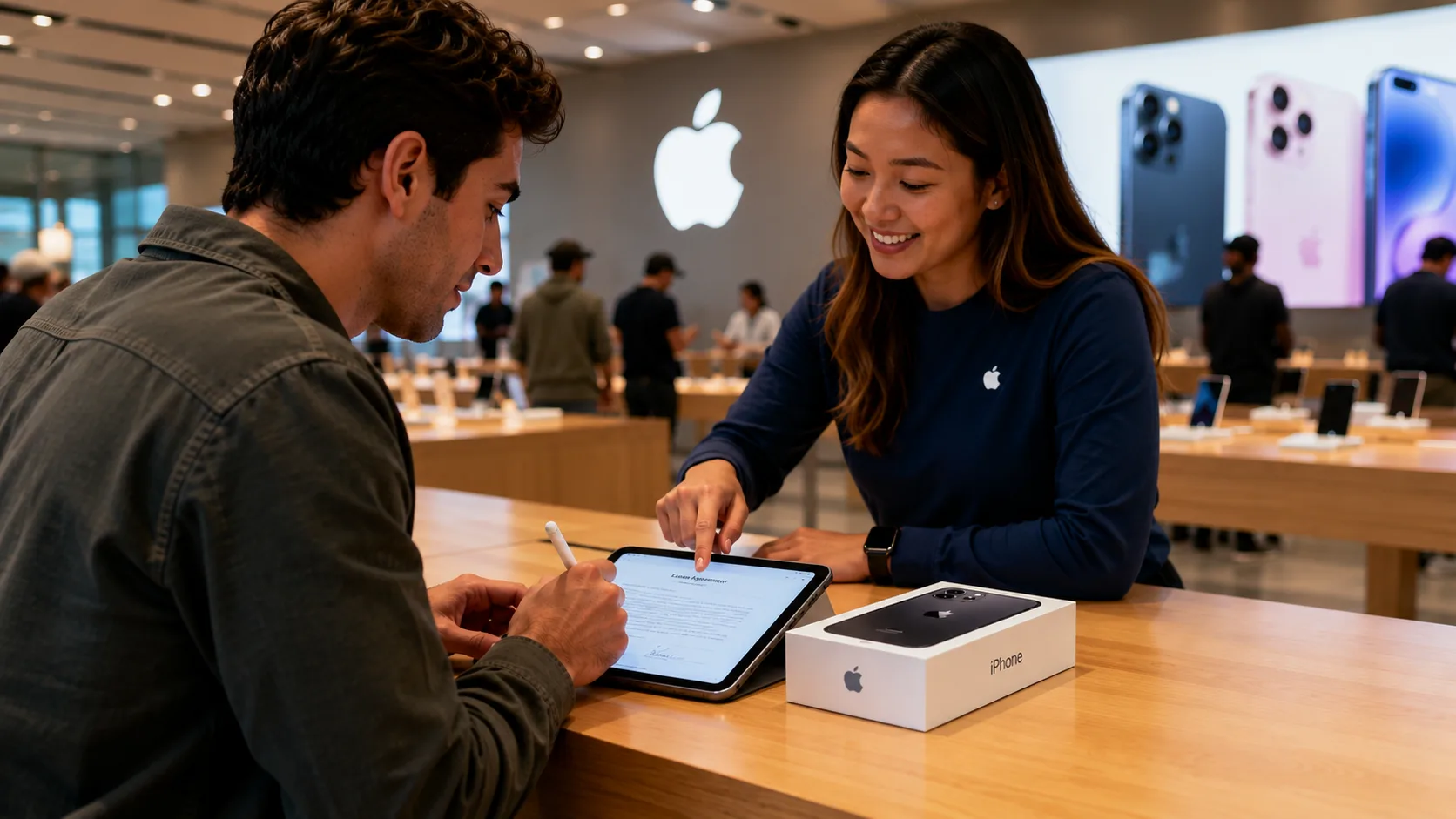 Customer signs paperwork for Apple's new iPhone leasing program inside an Apple Store as the company launches its Apple Upgrade device lease service.