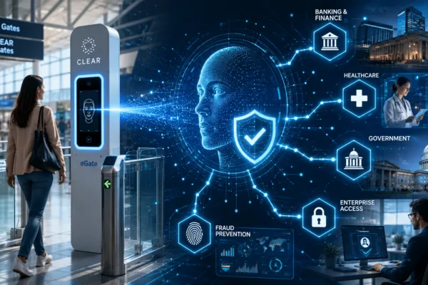 Traveler using a CLEAR biometric airport gate connected to an AI-powered digital identity network for banking, healthcare, government and enterprise security.