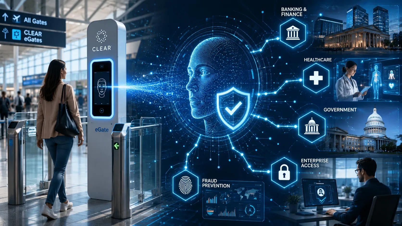 Traveler using a CLEAR biometric airport gate connected to an AI-powered digital identity network for banking, healthcare, government and enterprise security.