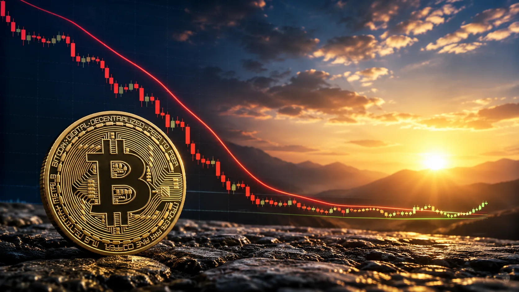 Bitcoin coin beside a declining price chart flattening near a potential market bottom at sunrise.