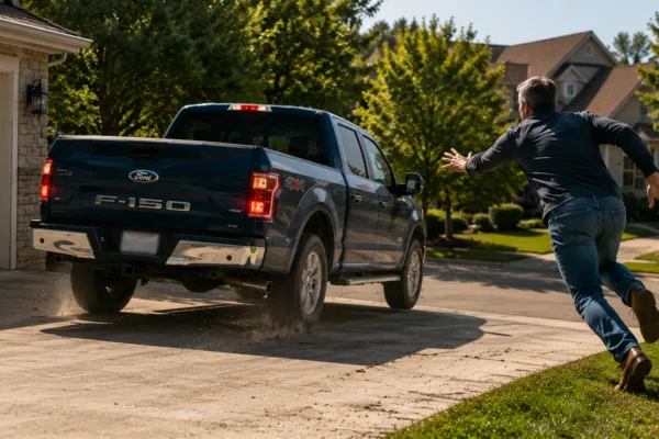 Blue Ford F-150 pickup truck rolling down a driveway as the owner runs after it, illustrating Ford's 741,000-vehicle recall over a transmission defect that can cause rollaway risk.