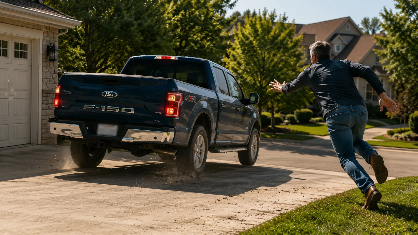 Blue Ford F-150 pickup truck rolling down a driveway as the owner runs after it, illustrating Ford's 741,000-vehicle recall over a transmission defect that can cause rollaway risk.