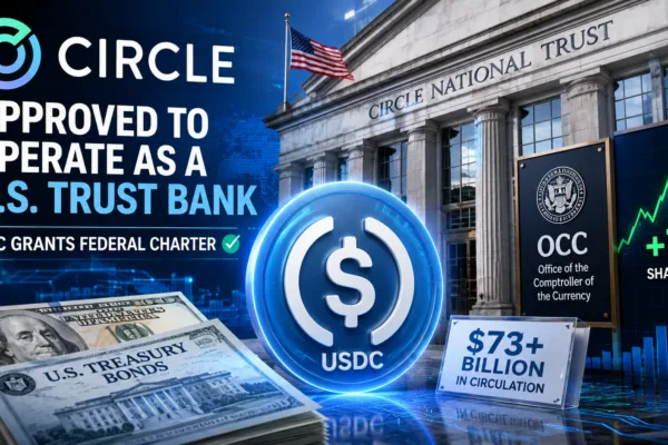 Illustration of Circle receiving U.S. trust bank approval with a USDC stablecoin, bank building, Treasury reserves, and rising stock chart representing federal regulatory approval and digital finance.