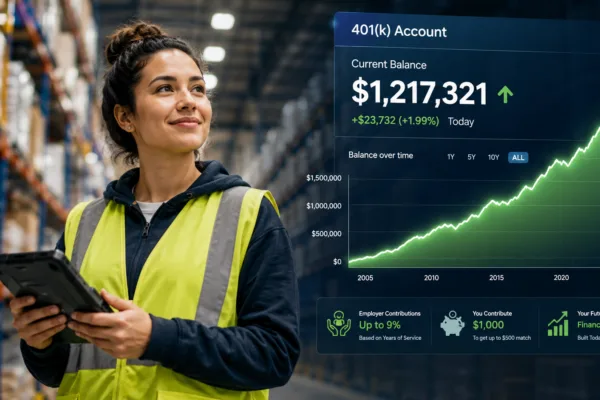 Warehouse employee with a digital 401(k) account showing more than $1 million, illustrating how generous employer retirement plans can help workers build long-term wealth.