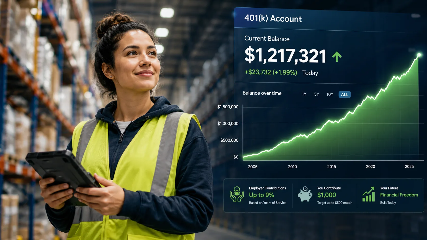 Warehouse employee with a digital 401(k) account showing more than $1 million, illustrating how generous employer retirement plans can help workers build long-term wealth.