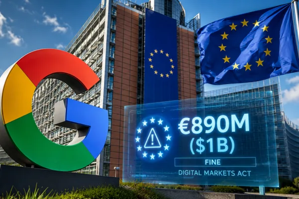 Google logo displayed outside a European Union government building with EU flags, symbolizing the EU's $1 billion Digital Markets Act fine against Google over search and Google Play competition practices.