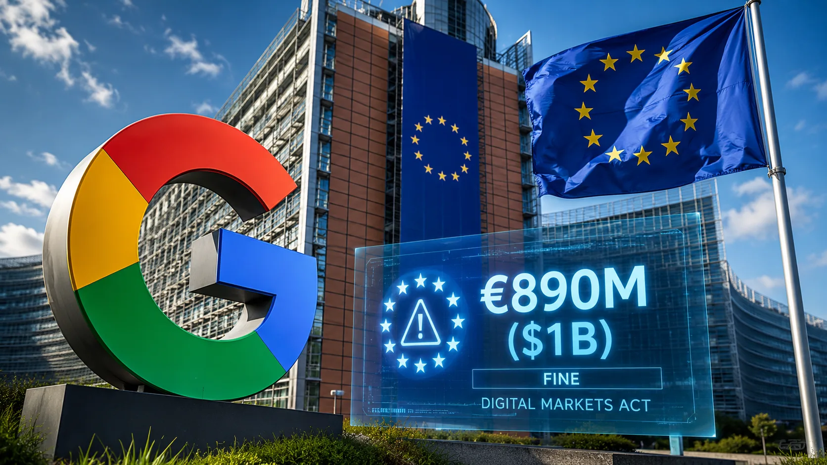 Google logo displayed outside a European Union government building with EU flags, symbolizing the EU's $1 billion Digital Markets Act fine against Google over search and Google Play competition practices.
