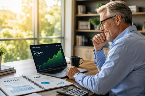 Man reviewing a growing 401(k) and IRA retirement portfolio on a laptop in a bright home office.
