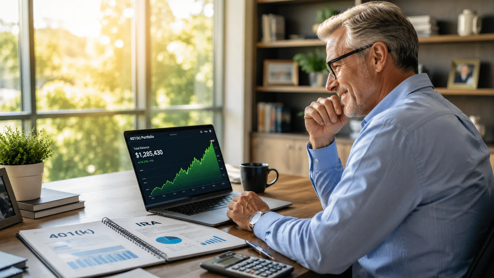 Man reviewing a growing 401(k) and IRA retirement portfolio on a laptop in a bright home office.