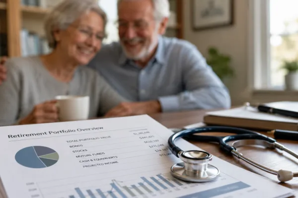Retirement portfolio statement with a stethoscope on a table as a retired couple smiles in the background, illustrating the connection between retirement planning, financial security, and healthy aging.