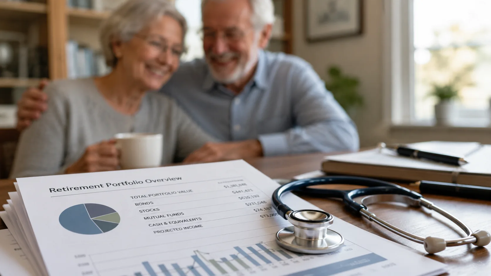 Retirement portfolio statement with a stethoscope on a table as a retired couple smiles in the background, illustrating the connection between retirement planning, financial security, and healthy aging.