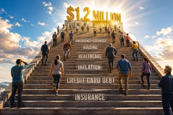 People climb a staircase labeled with inflation, healthcare, housing, debt, and insurance toward a $1.2 million retirement savings goal, symbolizing the challenges Americans face saving for retirement.
