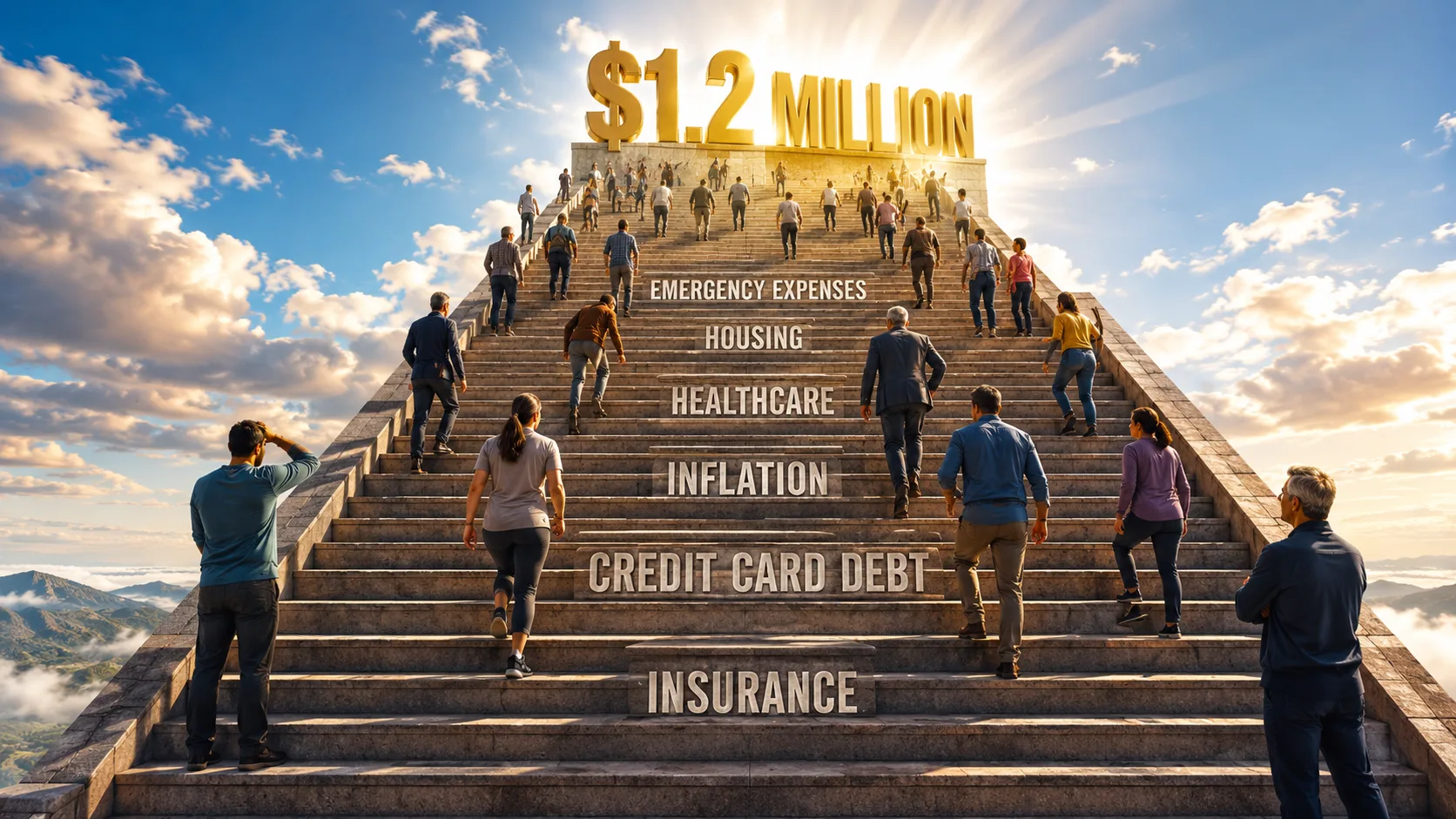 People climb a staircase labeled with inflation, healthcare, housing, debt, and insurance toward a $1.2 million retirement savings goal, symbolizing the challenges Americans face saving for retirement.