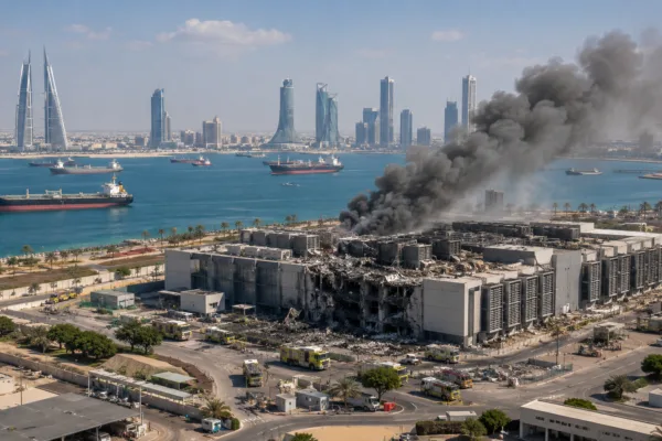Iran missile strike damage at a cloud computing data center in Bahrain with smoke rising near Manama’s skyline.