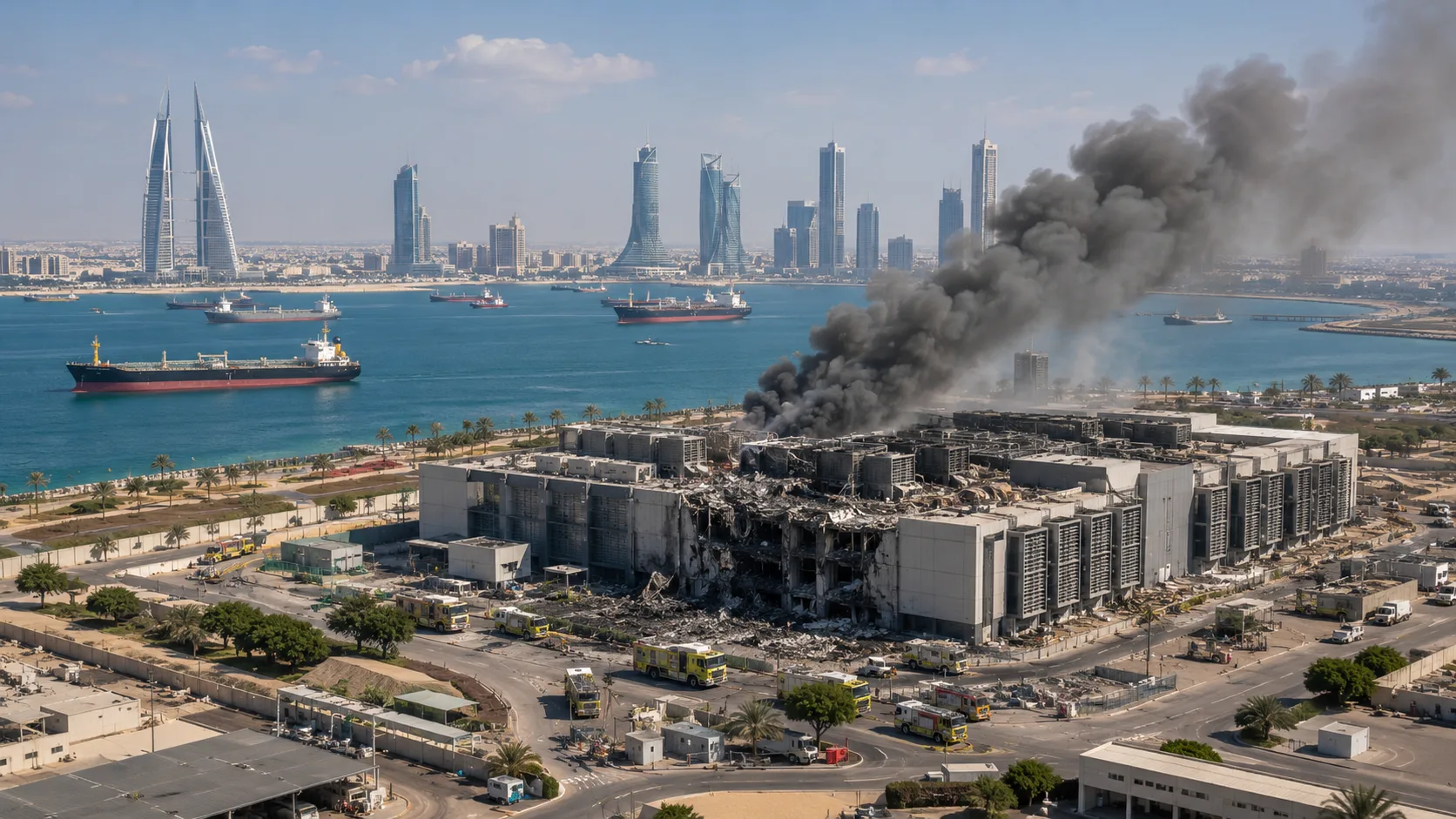 Iran missile strike damage at a cloud computing data center in Bahrain with smoke rising near Manama’s skyline.