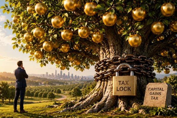 Illustration of a golden apple tree wrapped in chains and a padlock, symbolizing investors trapped by capital gains taxes after years of stock market gains.
