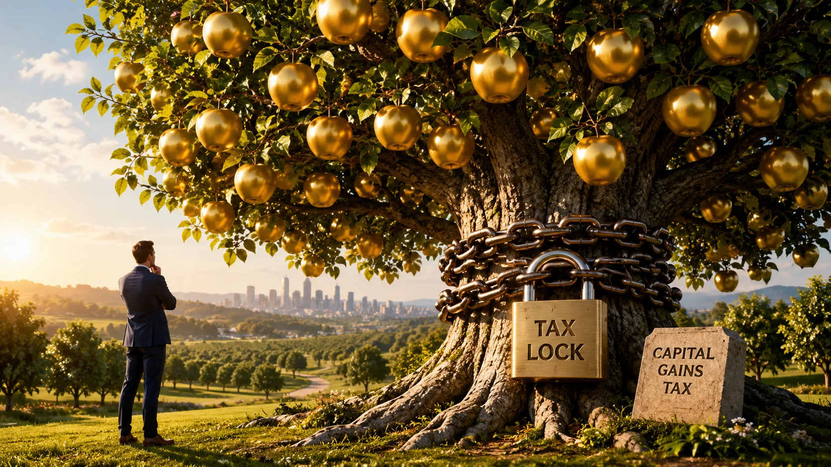 Illustration of a golden apple tree wrapped in chains and a padlock, symbolizing investors trapped by capital gains taxes after years of stock market gains.