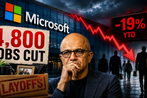 Microsoft CEO Satya Nadella with Microsoft headquarters, layoff box, and falling stock chart illustrating Microsoft's 4,800 job cuts and AI-driven corporate restructuring.