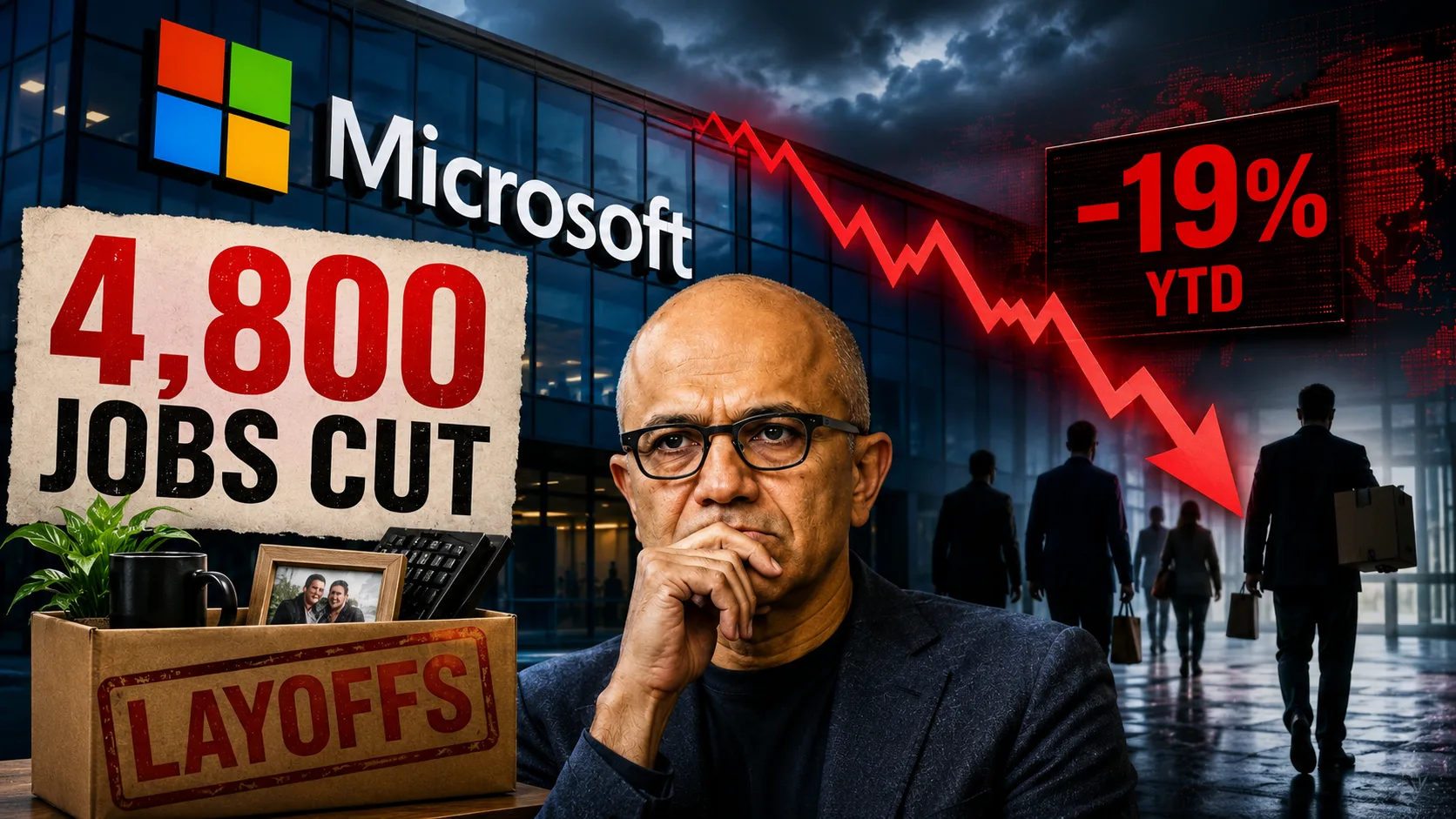 Microsoft CEO Satya Nadella with Microsoft headquarters, layoff box, and falling stock chart illustrating Microsoft's 4,800 job cuts and AI-driven corporate restructuring.