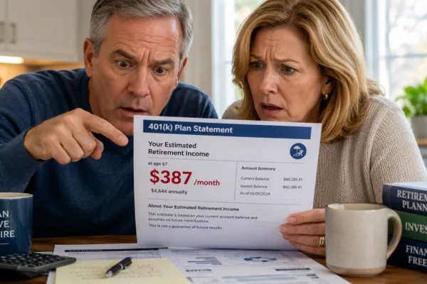 Couple reviewing a 401(k) retirement statement showing a low projected retirement income estimate at their kitchen table.