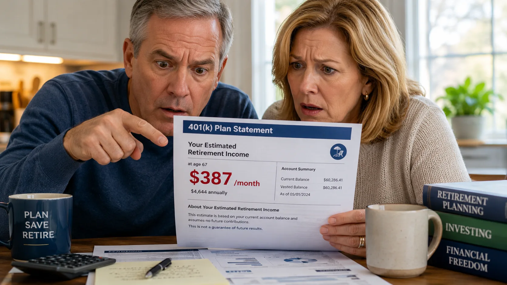 Couple reviewing a 401(k) retirement statement showing a low projected retirement income estimate at their kitchen table.