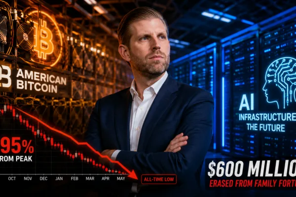 Eric Trump standing between Bitcoin mining equipment and AI data center servers with a falling stock chart illustrating American Bitcoin's 95% share price decline and $600 million loss.