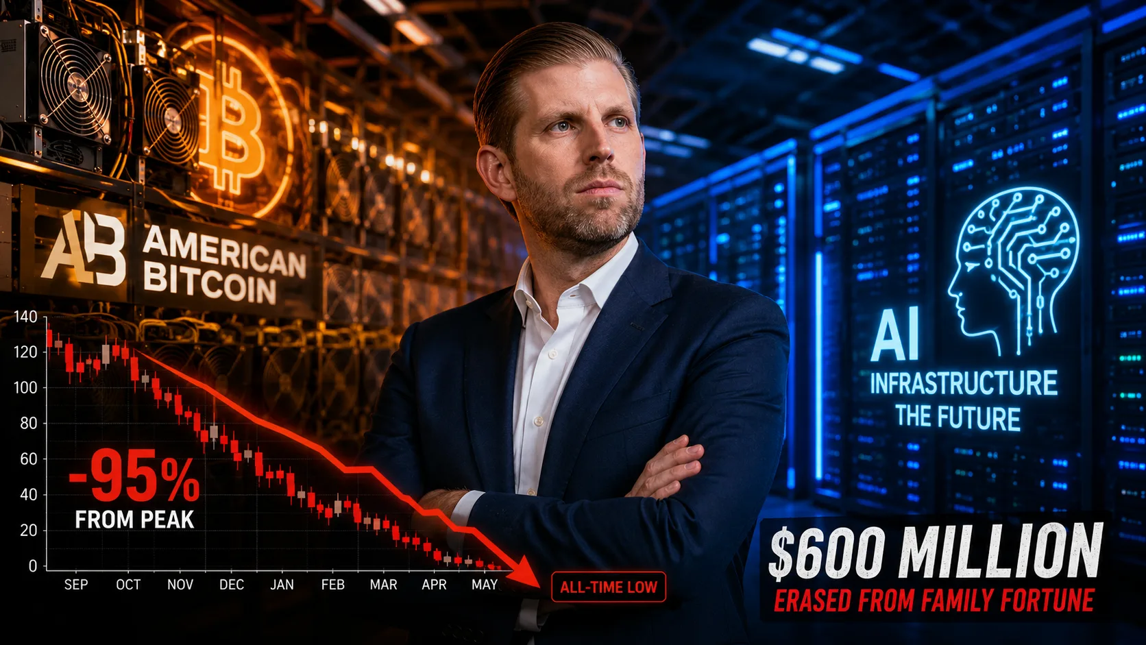 Eric Trump standing between Bitcoin mining equipment and AI data center servers with a falling stock chart illustrating American Bitcoin's 95% share price decline and $600 million loss.